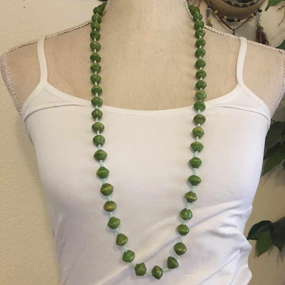 Handmade resin coated paper bead necklace